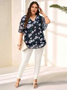 EMERY ROSE Plus Size Women Floral Print Ruffle Sleeve Blouse,Summer