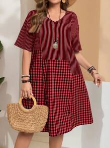 EMERY ROSE 大码假日休闲条纹格子拼布连衣裙，适合夏季