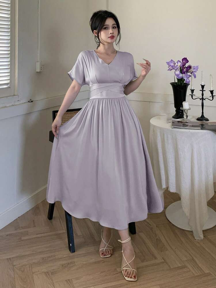Women's Solid Color Mid-Length Elegant Dress With Short Sleeves, Minimalist & Fashion Suitable For Summer Sundress Maxi Dress