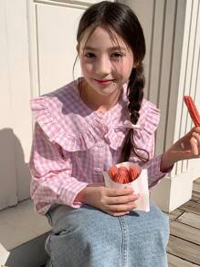 Hapijoa Tween Girls' Plaid Ruffle Collar Long Sleeve Single-Breasted Loose Casual Shirt - Pink - View 1