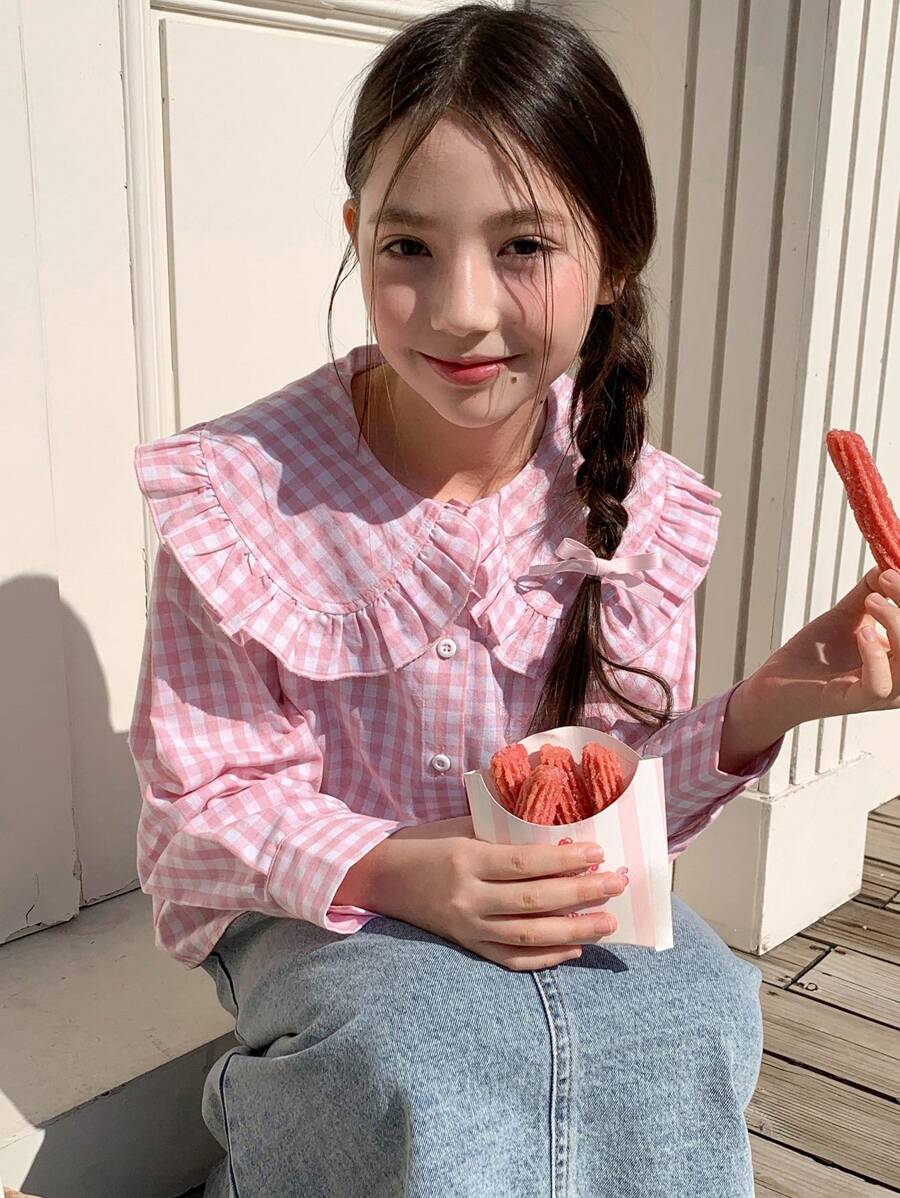 Hapijoa Tween Girls' Plaid Ruffle Collar Long Sleeve Single-Breasted Loose Casual Shirt - Pink - View 1