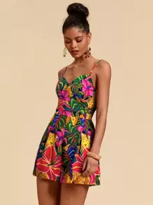 Travachic Vacation Casual Tropical Print Romper,Casual Woman Style, Casual Woman Style, Fall Outfits For Women, Chic Autumn,Going Out Outfit,Elegant Outfits,Country Style For Women,Tropical  Printed - Navy Blue - View 1