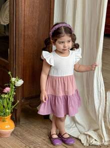 SHEIN LMoss Kids Babygirl Cute Contrast Color Cap Sleeve Dress, Summer - White - View 3