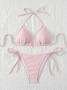 Swim Mod Conjunto de bikini de unicolor texturizado para vacaciones en la playa de mujeres