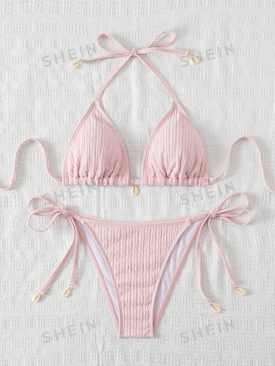 Swim Mod Conjunto de bikini de unicolor texturizado para vacaciones en la playa de mujeres