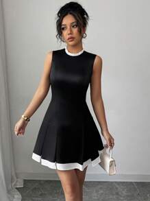 Elenzga Damen einfarbiges Kleid mit Rüschensaum und ärmelloser A-Linie