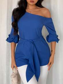 Chiquease Áo cánh tay chuông cổ bẻ bất đối xứng mùa hè cho nữ có cạp chun và nơ, thích hợp cho các buổi đi chơi, hẹn hò, kỳ nghỉ, lễ hội âm nhạc, đám cưới - Màu xanh lam - Xem 1