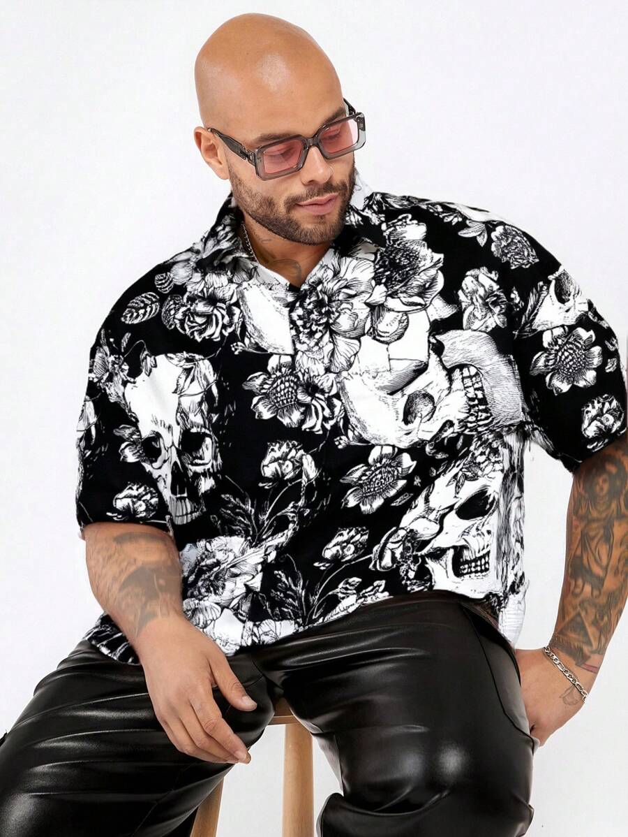 Manfinity VCAY Plus Size Men Street Wear Loose Short Sleeve Woven Shirt - Multicolor - View 1