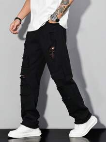 Manfinity Roughcore 男士休闲破洞牛仔裤，适合夏季 - 黑色 - 查看 4