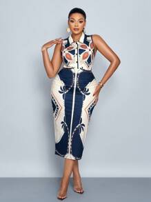 SOLERSUN Đầm Maxi Không Tay In Hình Bodycon Phối Nút Phía Trước Thời Trang Cho Nữ Cỡ Lớn Đi Nghỉ Mát - Màu xanh lam - Xem 4