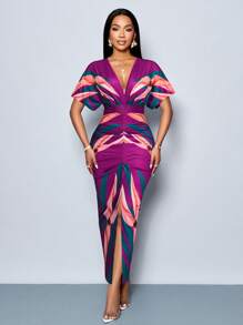 SOLERSUN 女士优雅印花 V 领开叉紧身派对连衣裙，春夏假日装 - 紫色 - 查看 4