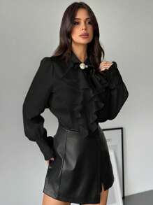 Firerie Women's Solid Color Ruffle Trim Long Sleeve Elegant Blouse - Black - View 5