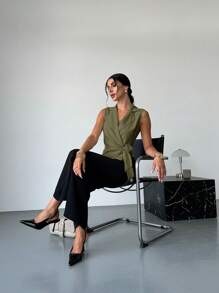 Firerie 女士简约优雅系带前背心，适合通勤、夏季、秋冬商务休闲女士 - 軍綠色 - 查看 4