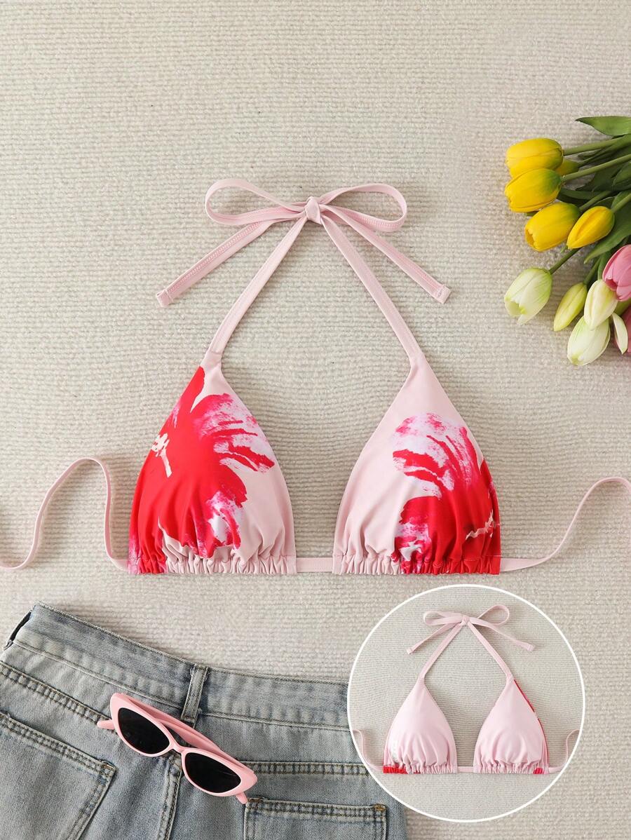 Swim Mod Plus Size Women's Floral Print Triangular Bikini Top, Elegant & Fresh, Suitable For Beach & Vacation For Summer
