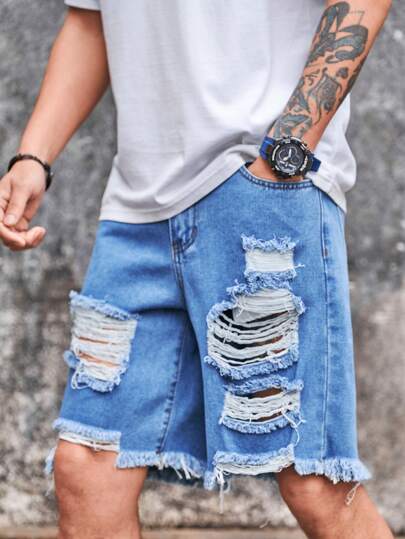 Manfinity LEGND 男士宽松纯棉梯形破洞牛仔短裤