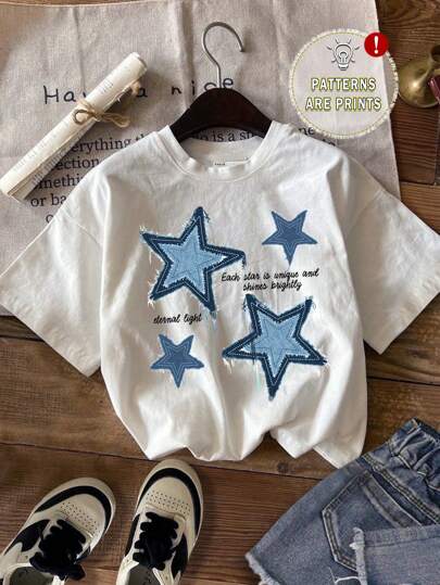 SHEIN ModeFlare Wear Young Boy Casual Minimalist Five-Pointed Star Graphic Round Neck Short Sleeve T-Shirt, Cotton, Suitable For Summer