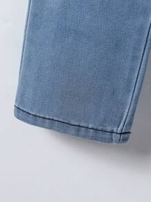 Young Boys' Washed Gradient Color Patch Pocket Bear Logo Loose Denim Outfit, Casual Street Style - Medium Wash - View 6