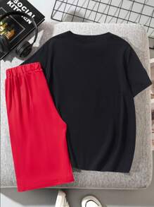 2 Stücke/Set Teenager Jungen Lässig Mode Cartoon Auto bedrucktes T-Shirt und Buchstabe Grafik Shorts Outfit, geeignet für Frühling und Sommer Alltagstragen und Reisen - Verschiedenfarbig - Übersicht 2