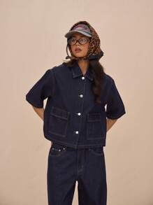 MUSERA Boxy Fit Collared Button Through Mid Sleeve Denim Top Only Summer Casual Cute Vacation The Book Shop Festival Concert Western Back To School Streetwear Work Office Fall Autumn Winter Nashville