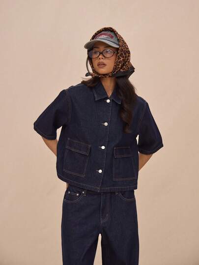 MUSERA Boxy Fit Collared Button Through Mid Sleeve Denim Top Only Summer Casual Cute Vacation The Book Shop Festival Concert Western Back To School Streetwear Work Office Fall Autumn Winter Nashville