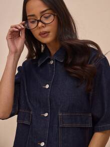MUSERA Boxy Fit Collared Button Through Mid Sleeve Denim Top Only Summer Casual Cute Vacation The Book Shop Festival Concert Western Back To School Streetwear Work Office Fall Autumn Winter Nashville