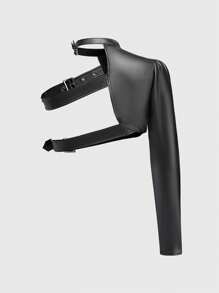 ROMWE Grunge Punk Chaqueta de talla grande para mujer con un hombro asimétrico, mangas cortas ajustables con botones y un solo unicolor - Negro - Ver 2