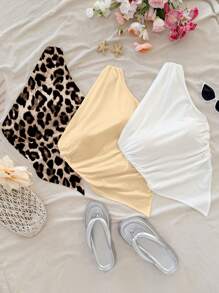 Soleia 3pcs/Set One-Shoulder Leopard Print Women Blouses, Suitable For Summer Suitable For Going Out - Multicolor - View 4