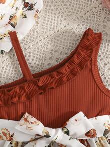 SHEIN Baby Girl Elegant Houndstooth Ribbed Fabric Asymmetrical Neck Ruffle Trim Dress With Hat, Cute For Spring/Summer - Brown - View 3