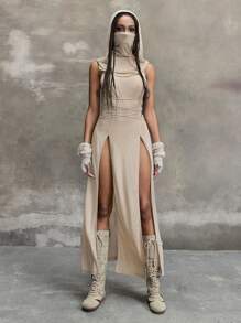 ROMWE Grunge Punk Y2K Vintage Apocalyptic Style Hooded High Slit Dress - Apricot - View 4