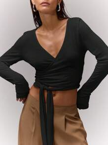 MUSERA Áo kiểu cổ chữ V buộc dây, phong cách thường ngày, thích hợp cho kỳ nghỉ, sân bay, ngày lễ, đi học, thanh lịch, mùa xuân hè. - màu đen - Xem 4