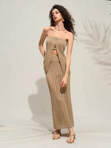 SHEIN LUNE 2pcs Women's Elegant & Charming Sexy Hollow Knitted Bandeau Top Set - Khaki - View 8