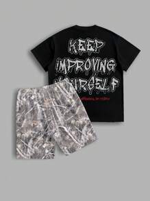 Manfinity ZONE917 Men's Loose Street Style Vintage Distressed Cartoon Smoking Letters Print T-Shirt Set Men Shorts Set - Multicolor - View 5