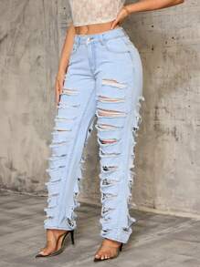SHEIN SXY Fashionable Casual Stylish Distressed Straight Leg Jeans For Women