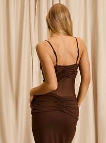 Glamine 女士性感扭纹网眼透视迷你连衣裙 - 咖啡 - 查看 2