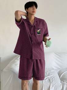 DAZY Summer Bear Pattern Embroidered Plaid Shirt And Shorts Set Men Pajamas - Red Violet - View 5