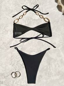 Swim SXY Women's New Solid Color Bikini Set With Tie Halter Design, Backless, Sexy, European & American Style Swimwear For Summer - Black - View 4
