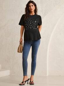 MaterniWear Áo thun bà bầu tay ngắn trang trí sequin chắp vá, mùa hè trở lại trường - màu đen - Xem 3
