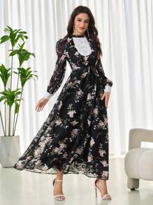 Modelyn Women's Elegant Floral Print Lantern Sleeve Long Dress - Black - View 2