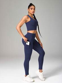 Easithlete Solid Color Camisole And Leggings Seamless Activewear Set Workout Women Sets - Navy Blue - View 4