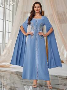 Al Najma Robe tunique élégante à perles pour le printemps/été, caftan long et modeste de tradition turque et arabe - Bleu gris - Voir 5