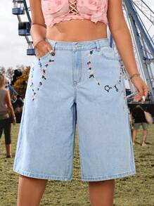SHEIN ICON Pantaloni 3/4 da vacanza con ricamo, abbigliamento da rave, festival, taglia comoda