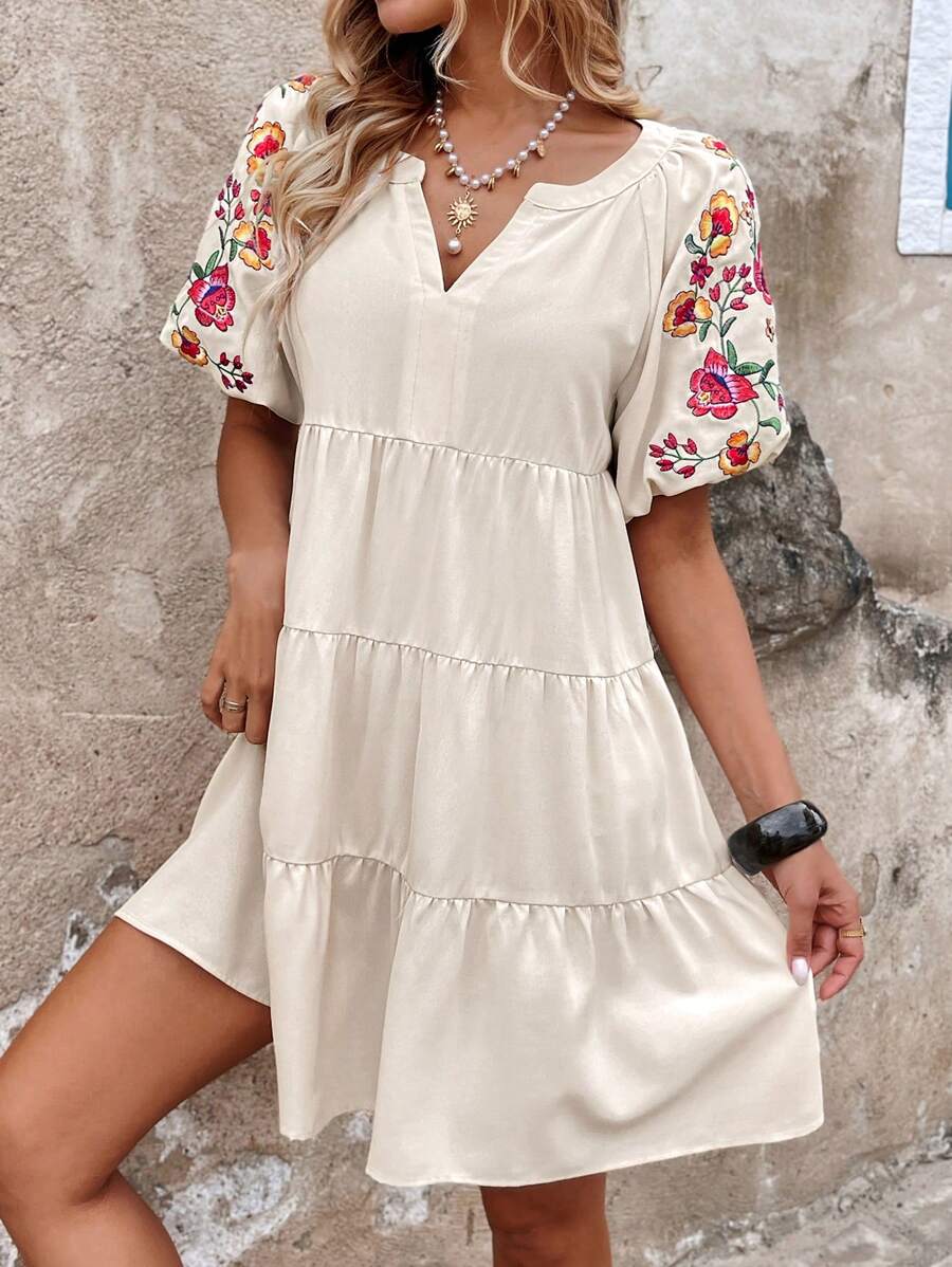 SHEIN LUNE Women Casual Embroidered V-Neck Puff Sleeve Everyday Wear Short Dress - Apricot - View 1