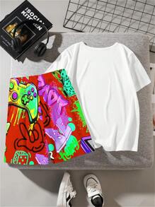 2pcs/Set Tween Boys Casual Simple Round Neck Short Sleeve Top And Shorts Set, Suitable For Summer