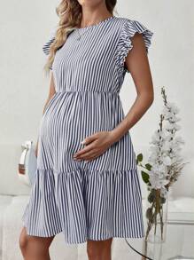 SHEIN Maternity Striped Round Neck Ruffle Trim Casual Dress - Navy Blue - View 3