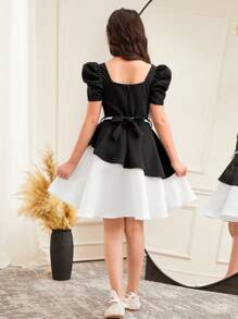 SHEIN Leap Crew Tween Girls Elegant Dress With Knitted Asymmetrical Ruffles, Color Block Splicing, Square Neck And Leg-Of-Mutton Sleeves With 3D Rosette Decoration, Fashionable French Elegant Black Dress, Retro And Elegant Dress, Back To School, Suitable For Graduation Proms And Birthday Parties