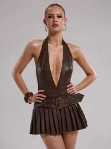 SHEIN BAE 女士时尚复古水洗仿皮性感深 V 领褶皱下摆露背金属腰带装饰挂脖迷你连衣裙，适合夏季街头、路边派对、俱乐部、音乐节 - 咖啡 - 查看 5