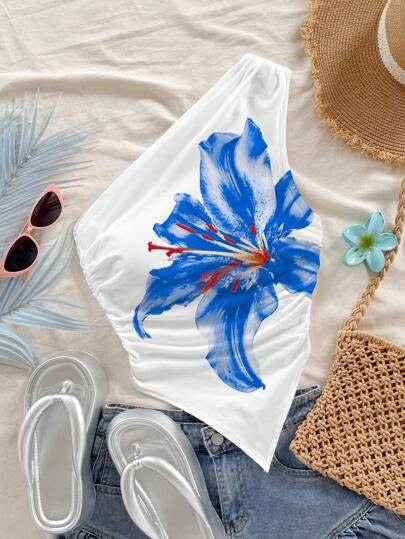 SHEIN WYWH Blommönster för kvinnor Asymmetrisk fåll ärmlöst linne, lämplig för semester