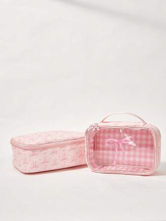 Kawaii Set de 2 piezas Bolsa organizadora de viaje y bolsa de cosméticos con capacidad grande, de color rosa con diseño de corazón y moño, para mujer