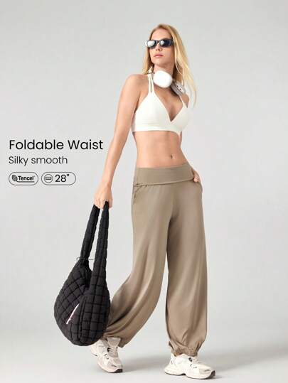 GLOWMODE 莫代尔丝滑宽松可折叠腰部慢跑裤带侧袋日常休闲装