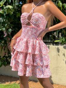 Breezaya Women's Ditsy Floral Halter Neck Layered Cake Dress For Vacation